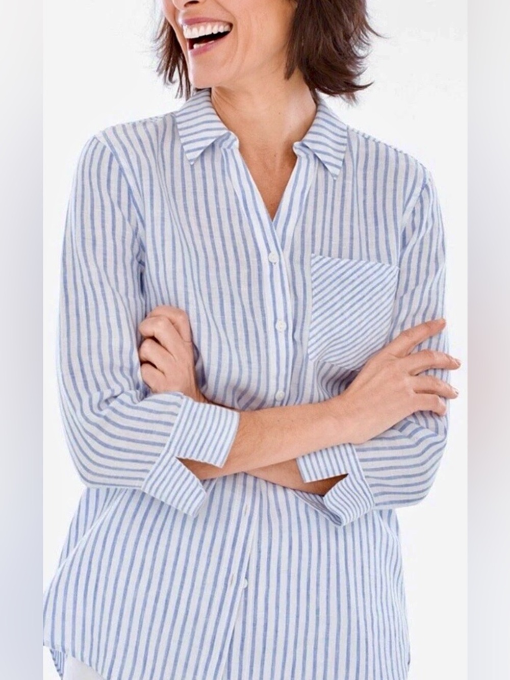 Chico’s Blue and White Striped Linen No Iron Shirt Size 2 Reg 12/14 Large